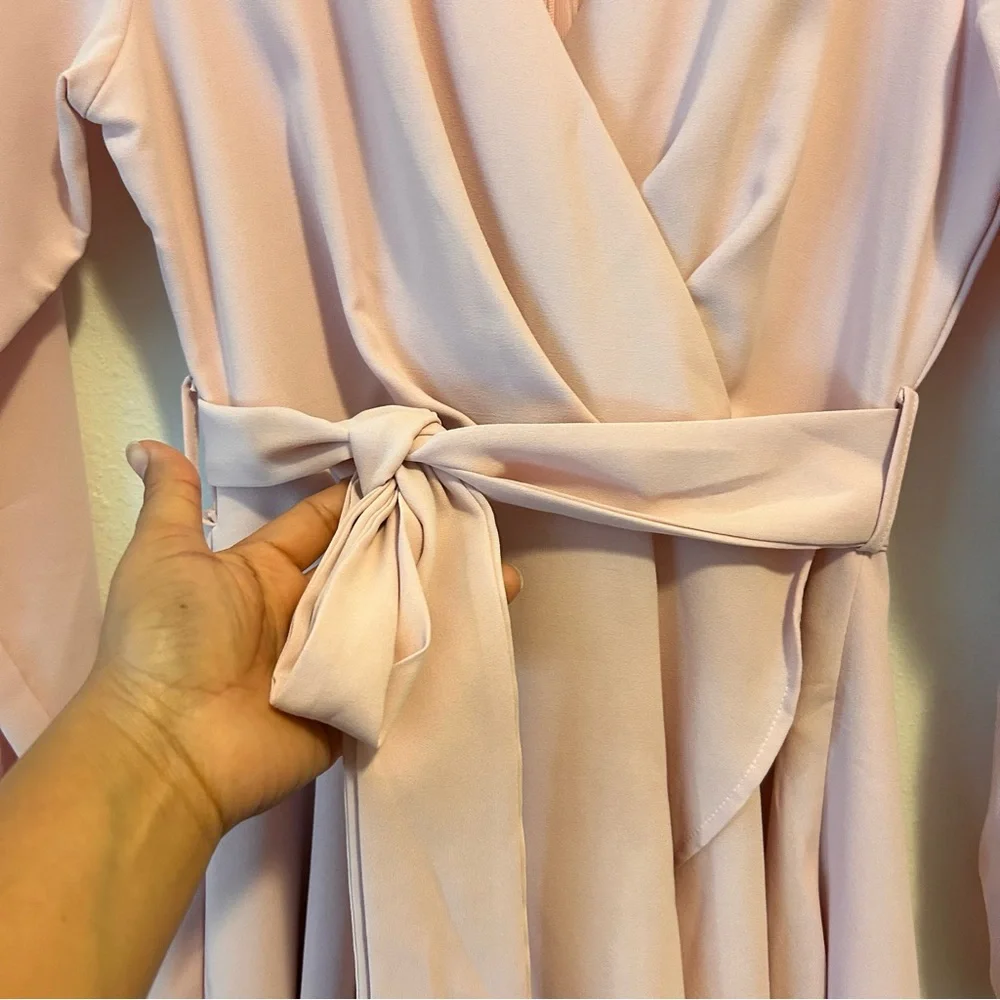 Women’s Small Ruffle Elegant Pink Faux Wrap Long Sleeve Mini Dress - Picture 6 of 9